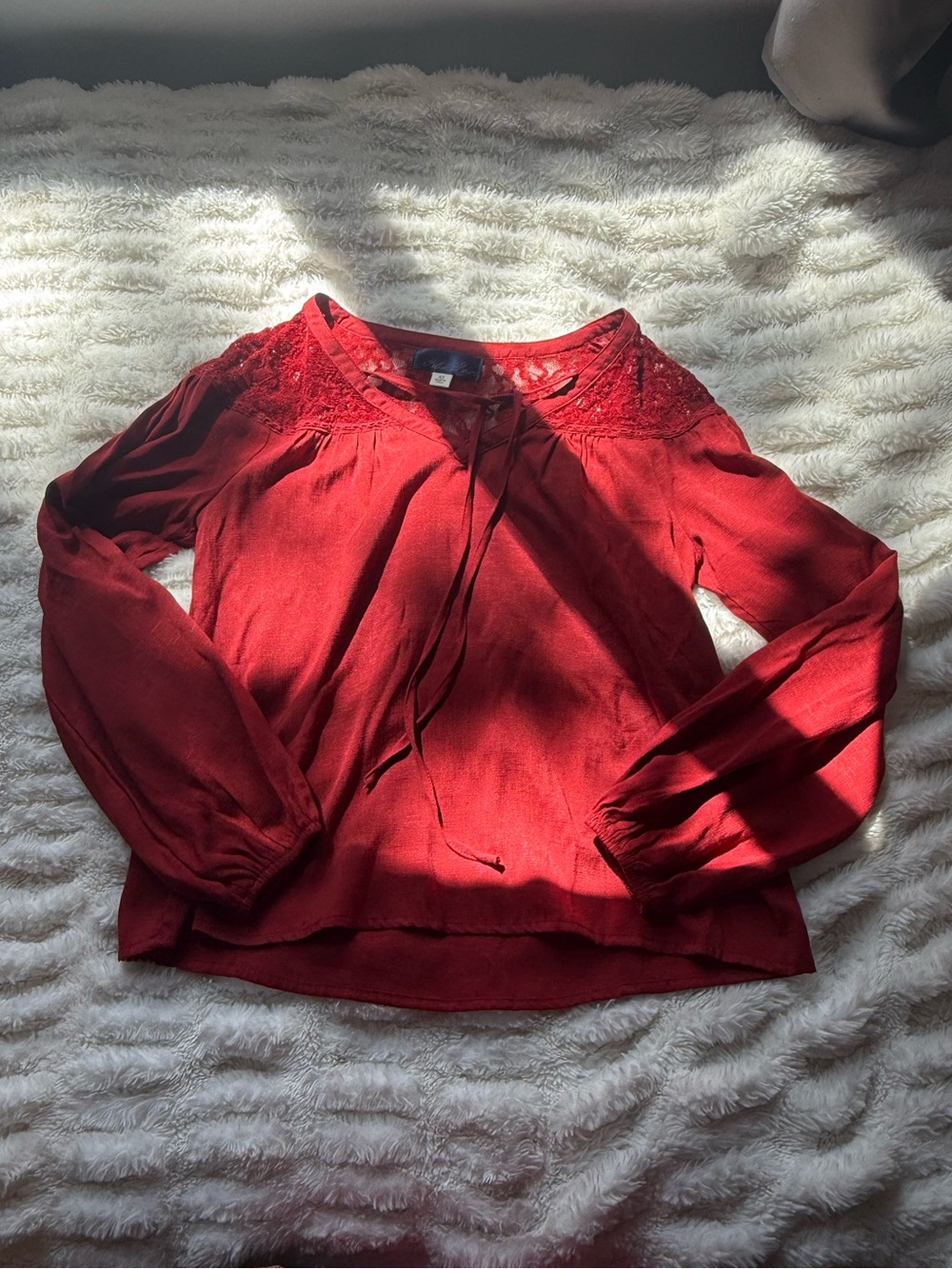 Blue Rain Red Lace-Yoke Long Sleeve Peasant Top